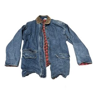 Vintage Denim Coat With Plaid Lining and Corduroy Collar